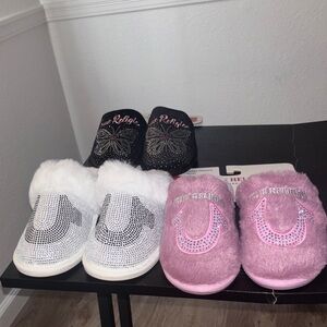 True Religion Black, White, and Pink Slippers